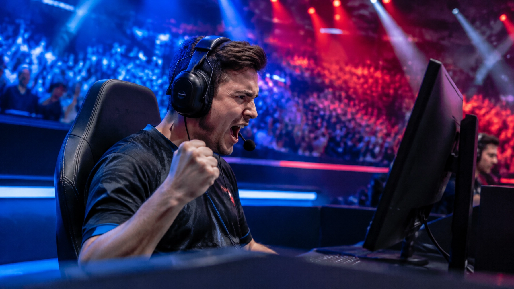 CS2-Spieler an einem Gaming-PC in einer intensiv beleuchteten Arena