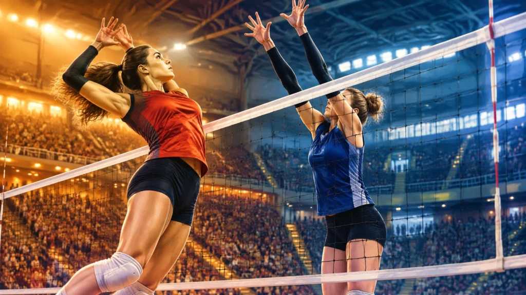 Zwei Volleyballspielerinnen springen zum Angriff und Block am Netz in einer gefüllten Halle.