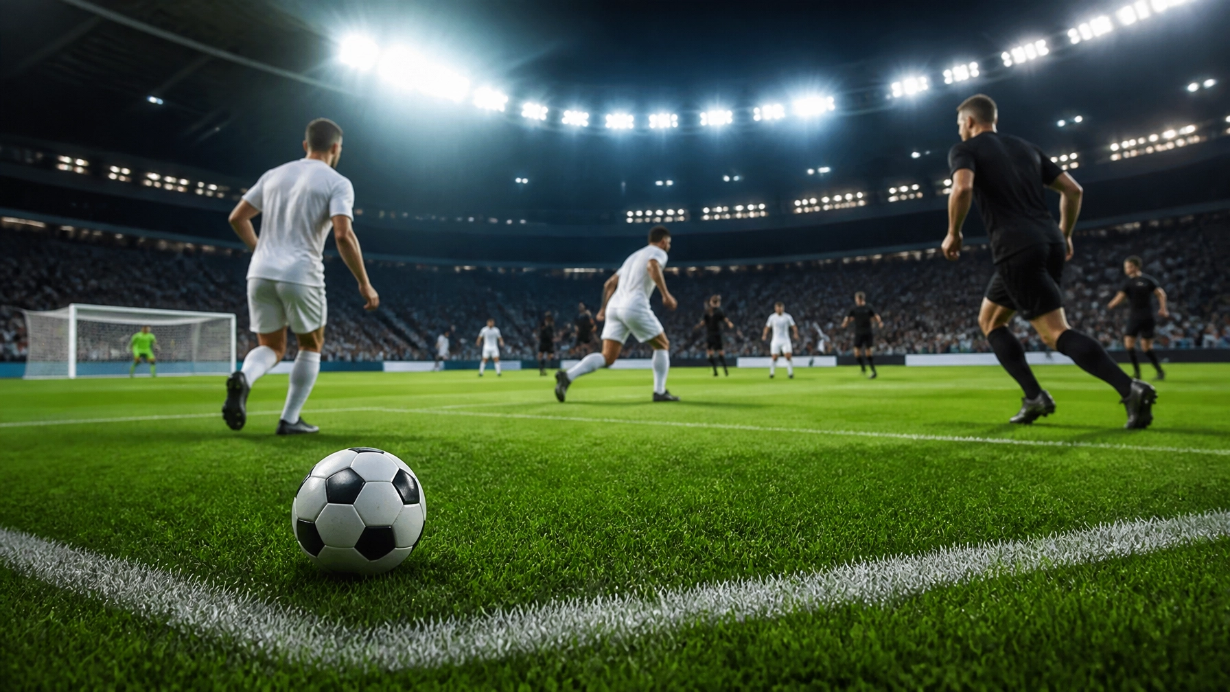 Fußball nahe der Strafraumlinie bei Flutlicht mit unscharfen Spielern im Hintergrund