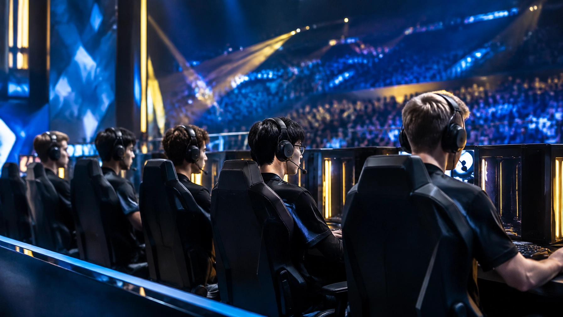 League-of-Legends-Spieler in einer modernen E-Sports-Arena während eines Finales