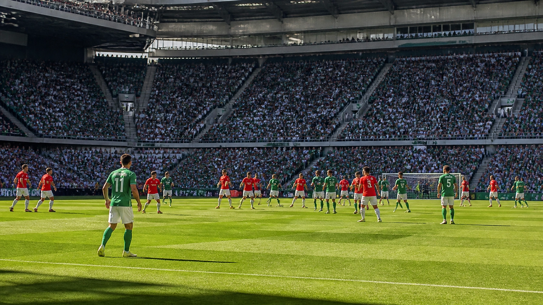 Neutrale Fußballszene mit grünen und roten Trikots ohne Logos oder Text