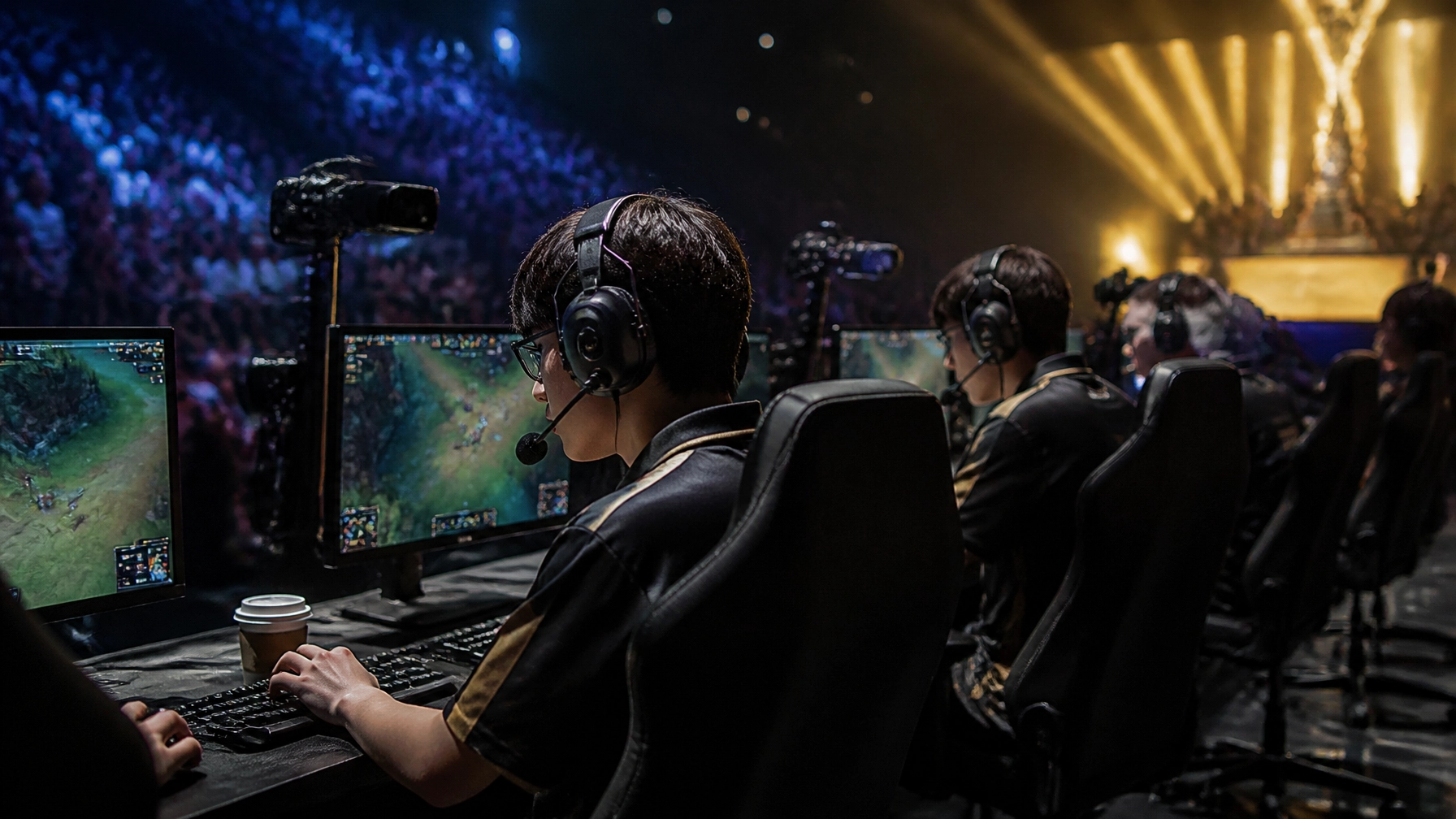 Professionelle Spieler an einer beleuchteten League-of-Legends-Bühne während eines Playoff-Matches