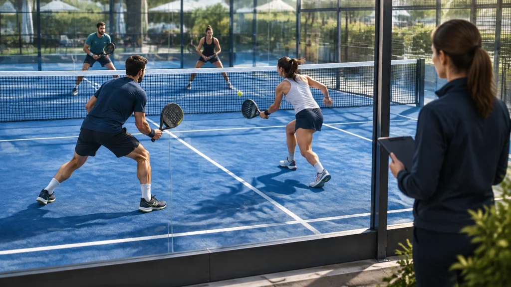 Illustration: Vier Erwachsene spielen Padel im Doppel; eine Person mit Klemmbrett beobachtet das Spiel hinter der Glaswand.
