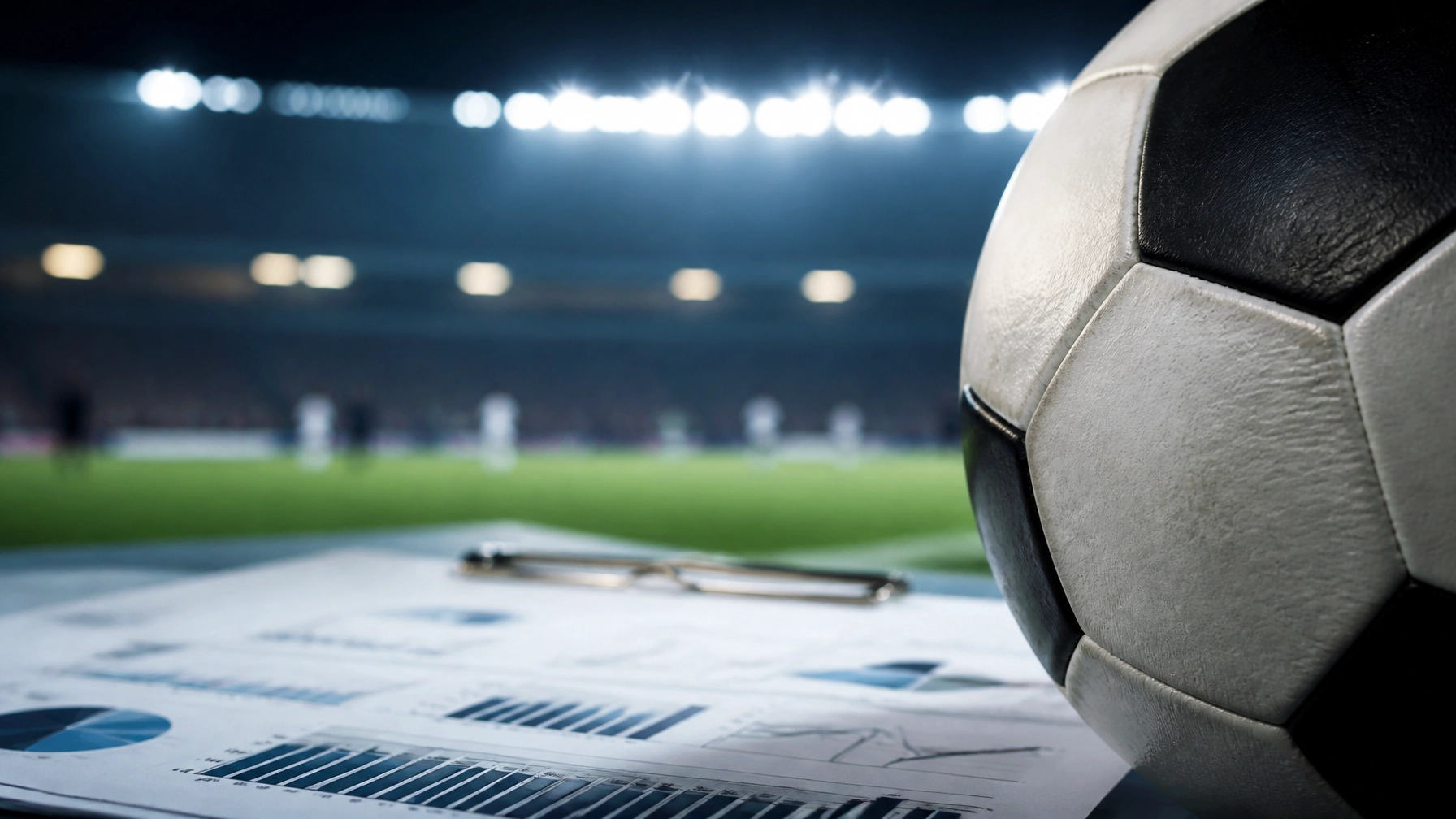 Fotorealistische Fußball-Analyse mit Ball und Stadionbeleuchtung
