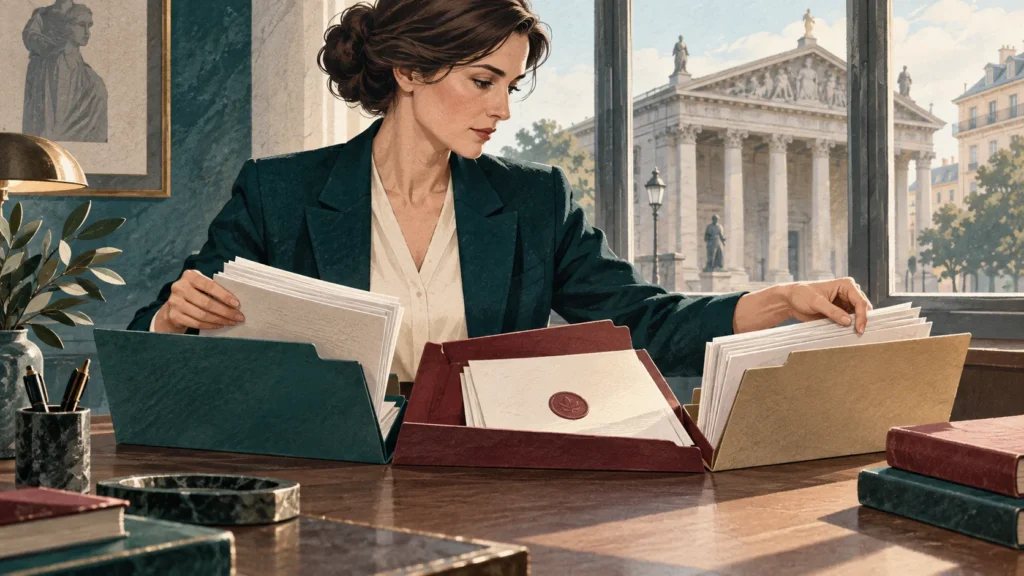 Illustration: Eine Redakteurin ordnet Unterlagen in drei getrennte Aktenmappen ein.