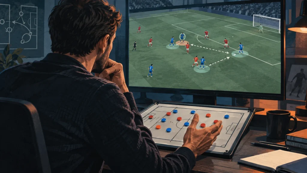 Illustration: Ein Analyst vergleicht eine Fußballszene auf dem Bildschirm mit einer Taktiktafel.