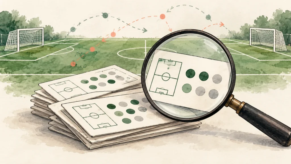 Illustration: Fußballfeld und Beobachtungskarten unter einer Lupe