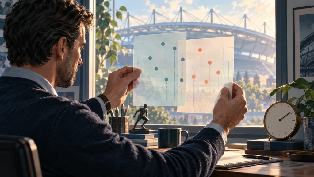 Illustration: Ein Analyst vergleicht zwei transparente Beobachtungsblätter neben einer Uhr.
