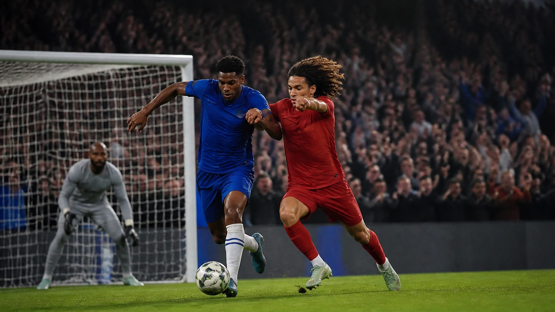 Londoner Fußballderby mit neutralen roten und blauen Trikots im Zweikampf vor einer Flutlichttribüne