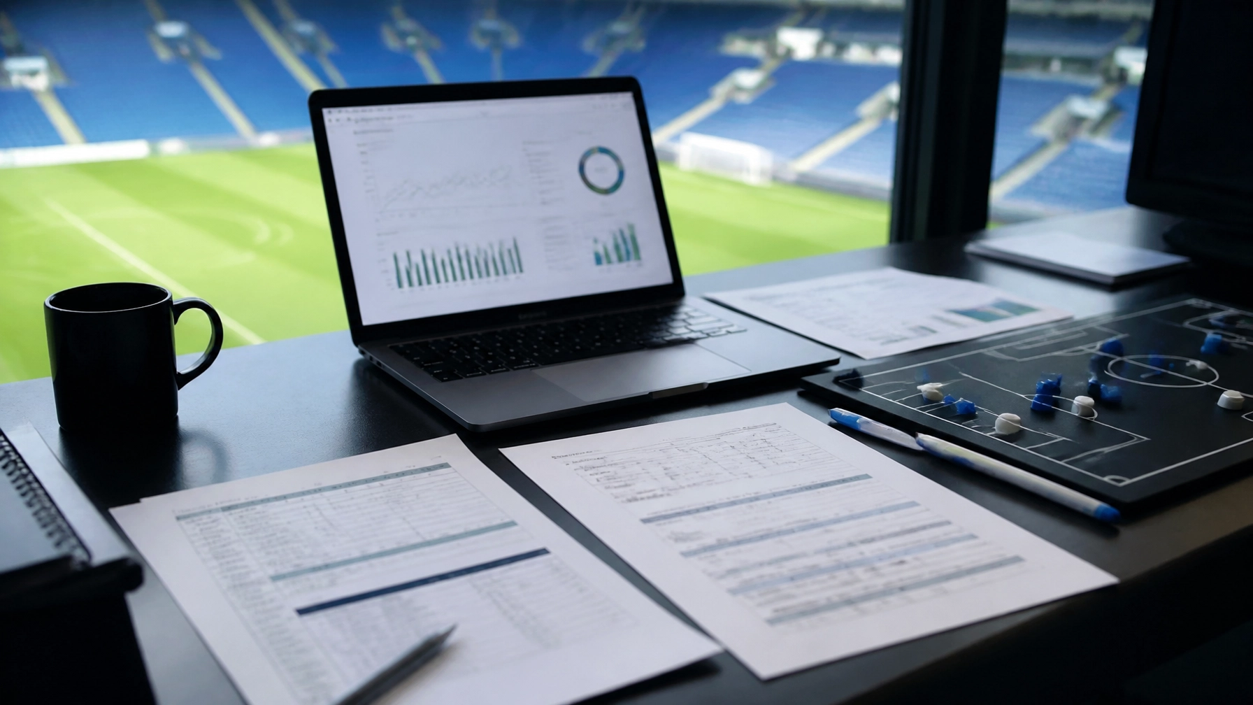 Analystenarbeitsplatz mit neutralen, nicht lesbaren Statistikunterlagen zur Quotenanalyse