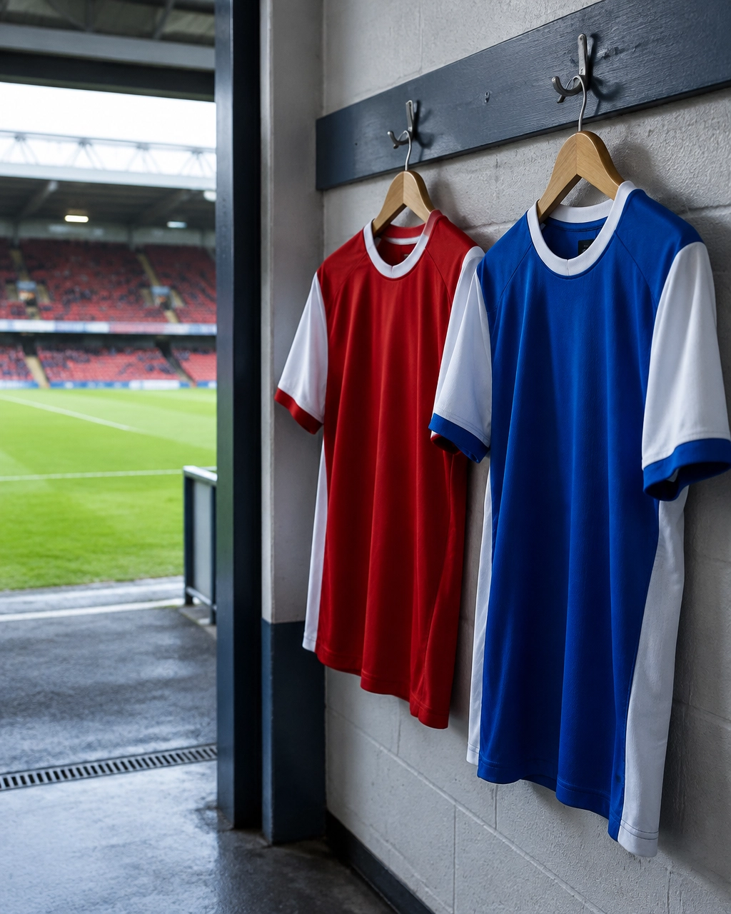 Neutrale Fußballszene mit generischen roten und blau-weißen Trikots in der Stadionumgebung