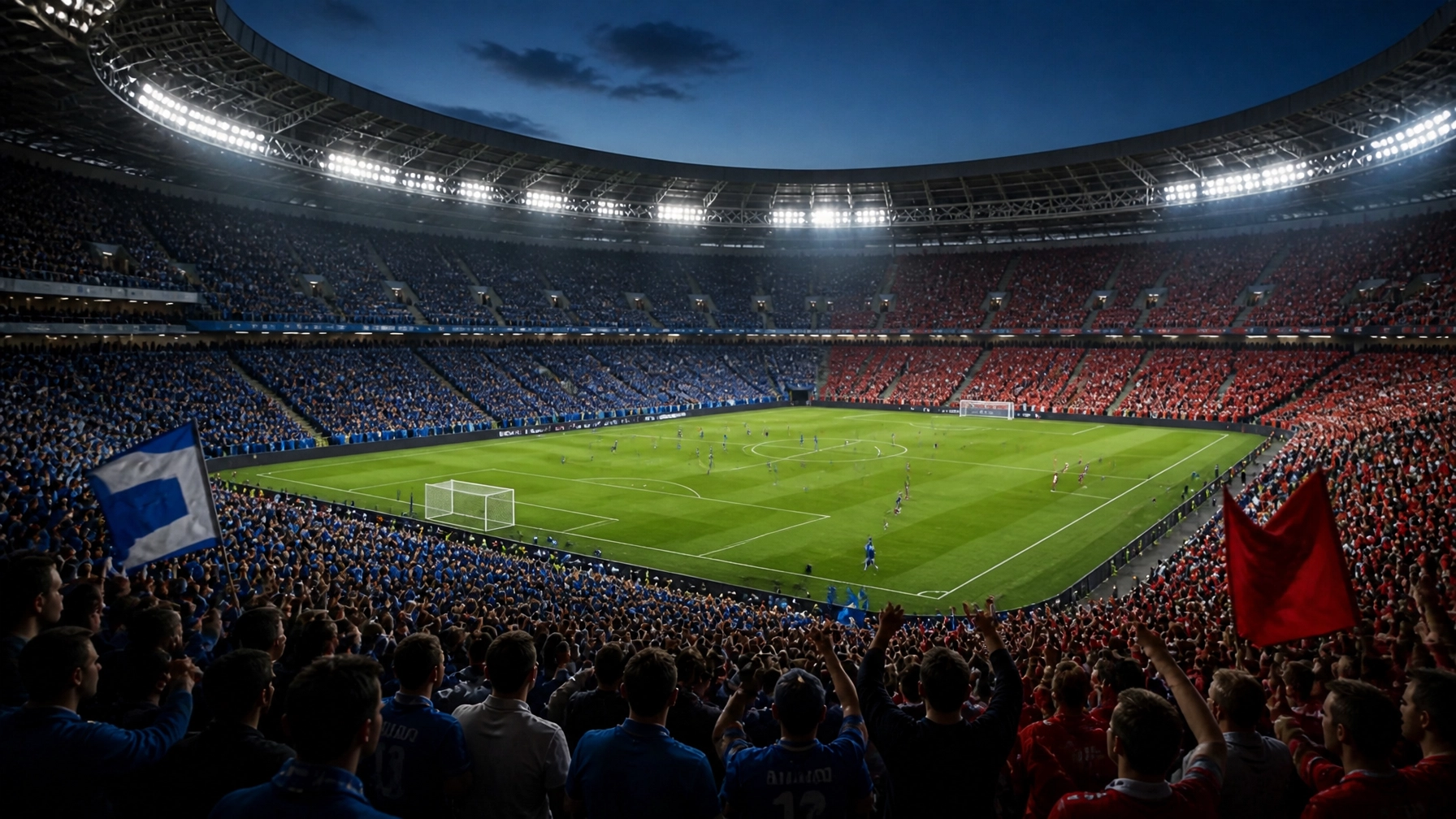 Realistische Stadionperspektive mit blau-roten Fanblöcken und beleuchtetem Spielfeld