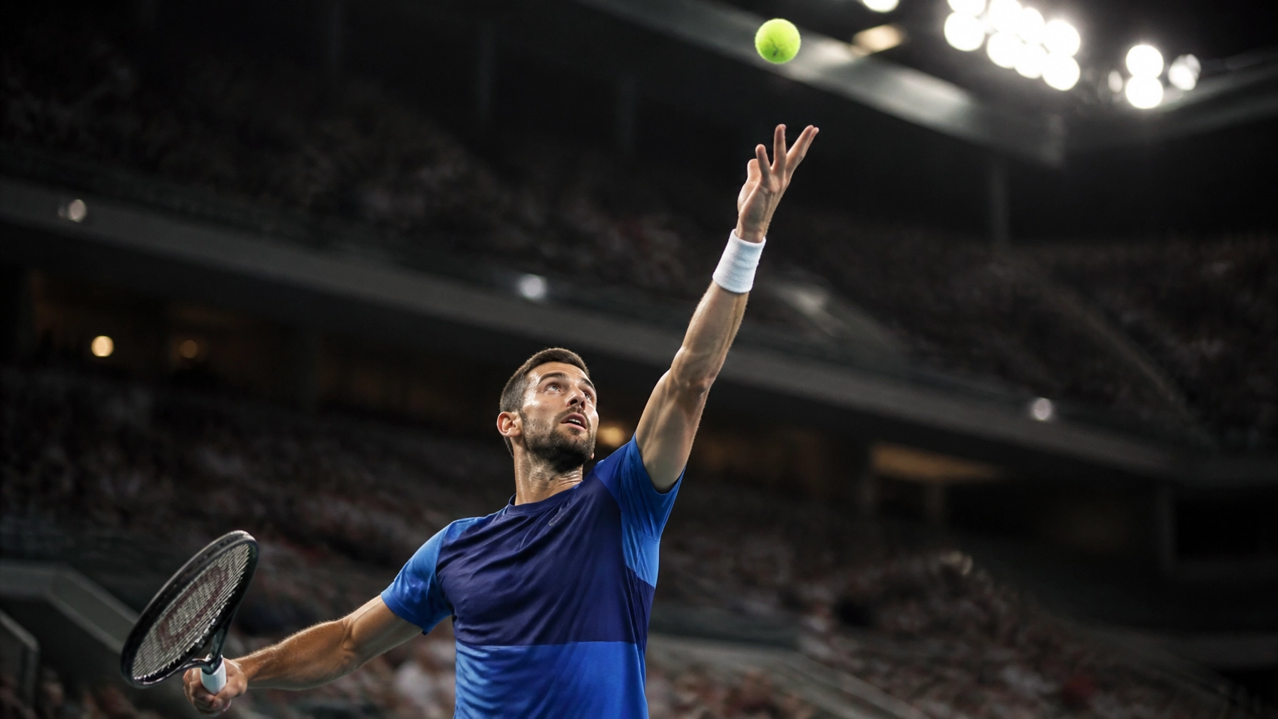 Topspieler auf einem beleuchteten Hartplatz bei einem Grand-Slam-Turnier