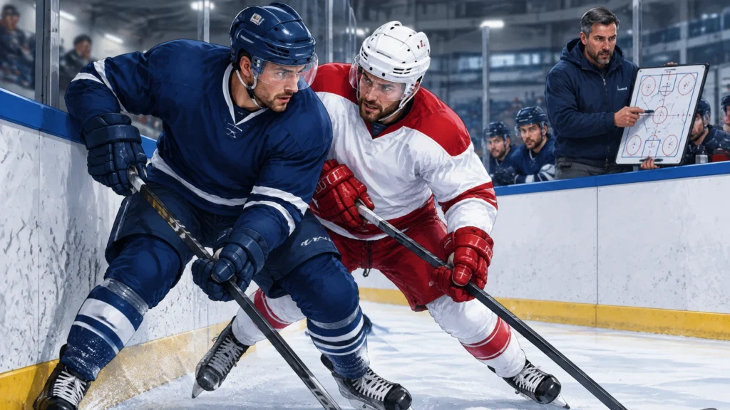 Zwei Eishockeyspieler an der Bande, im Hintergrund ein Coach mit Taktiktafel