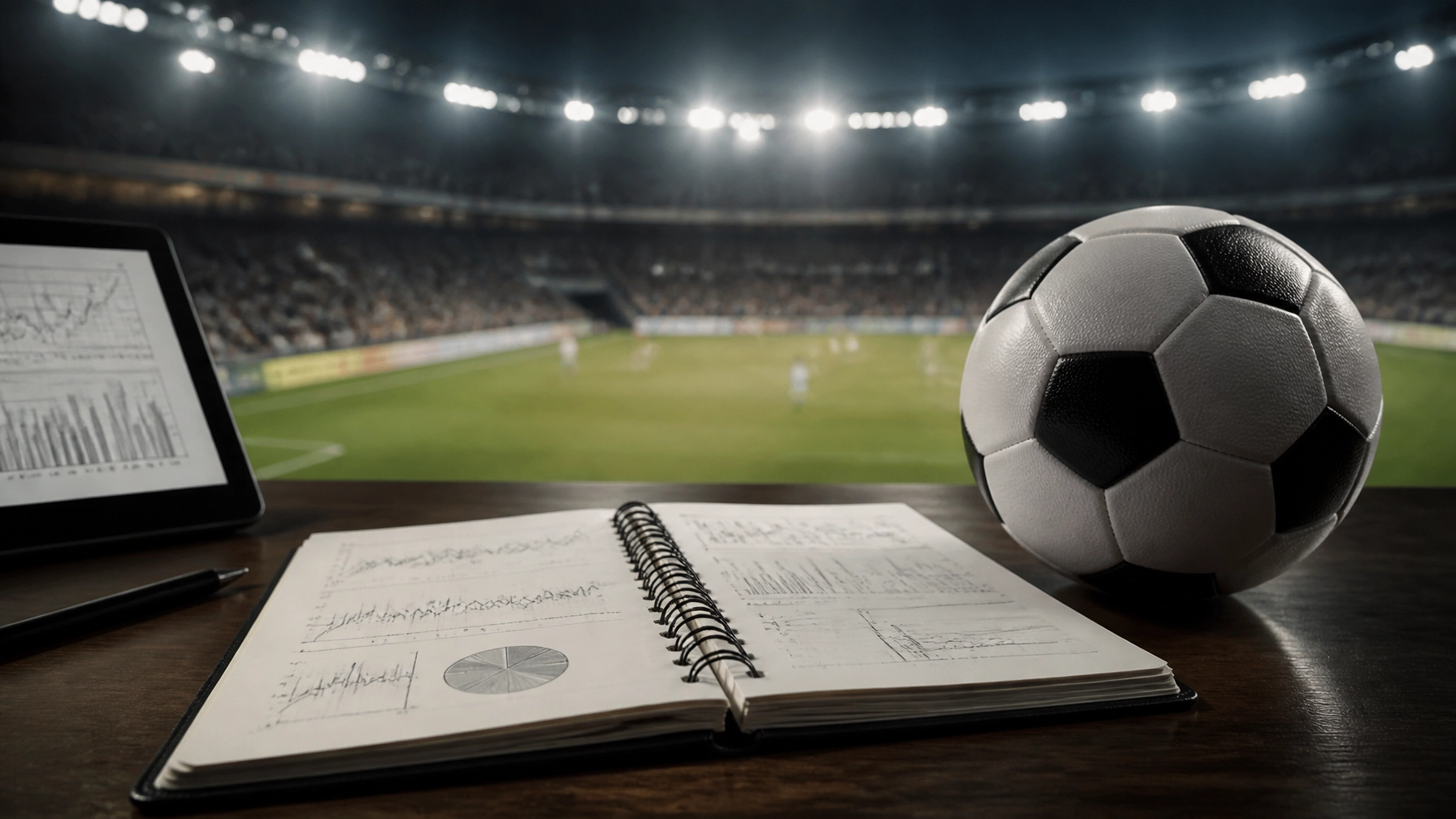 Fußball und abstrakte Datenanalyse vor einem beleuchteten Stadion