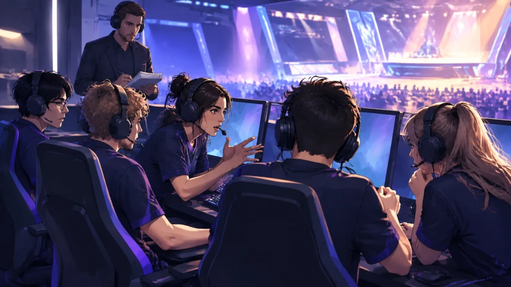 Illustration: Ein E-Sport-Team bespricht sich an seinen Computern mit einem Trainer.