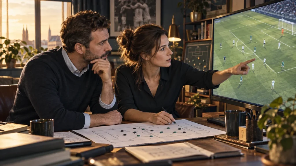 Zwei Personen vergleichen eine Fußballszene auf dem Bildschirm mit einem Spielfeldplan.