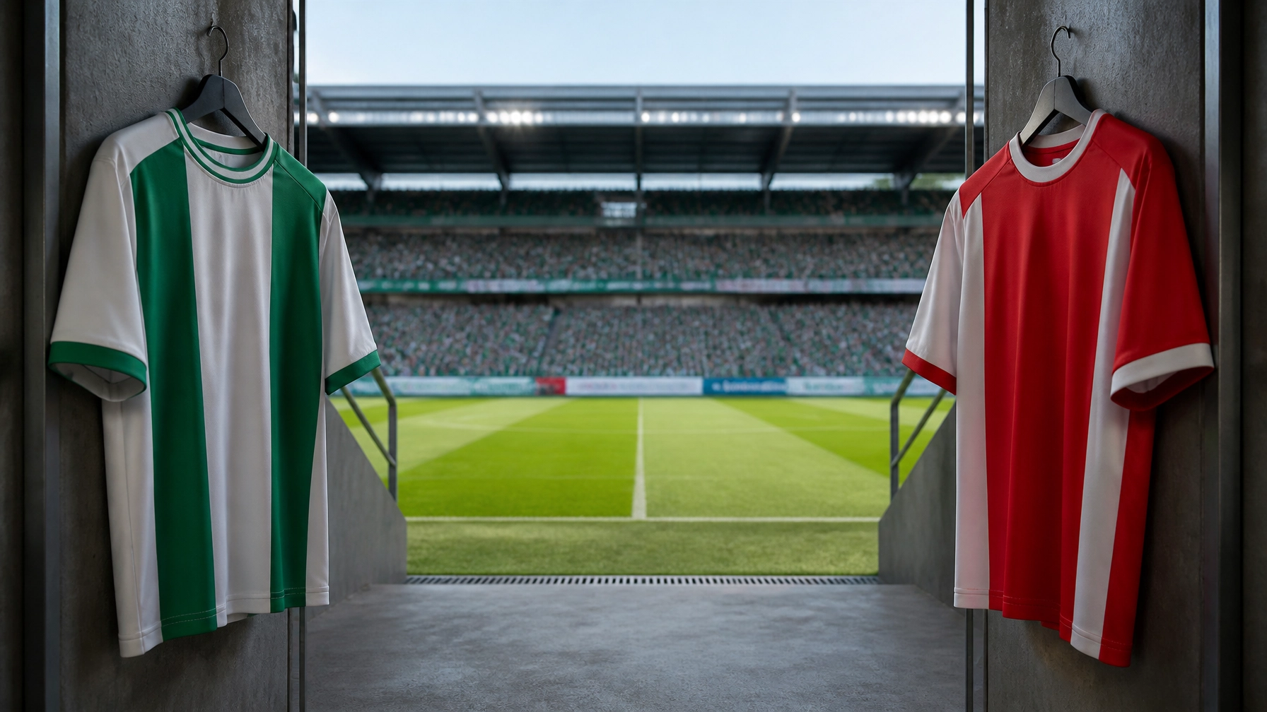 Fußballstadion in Bremen zum Anpfiff mit grüner Rasenfläche und roter sowie grüner Spielkleidung – realistische Atmosphäre ohne Logos