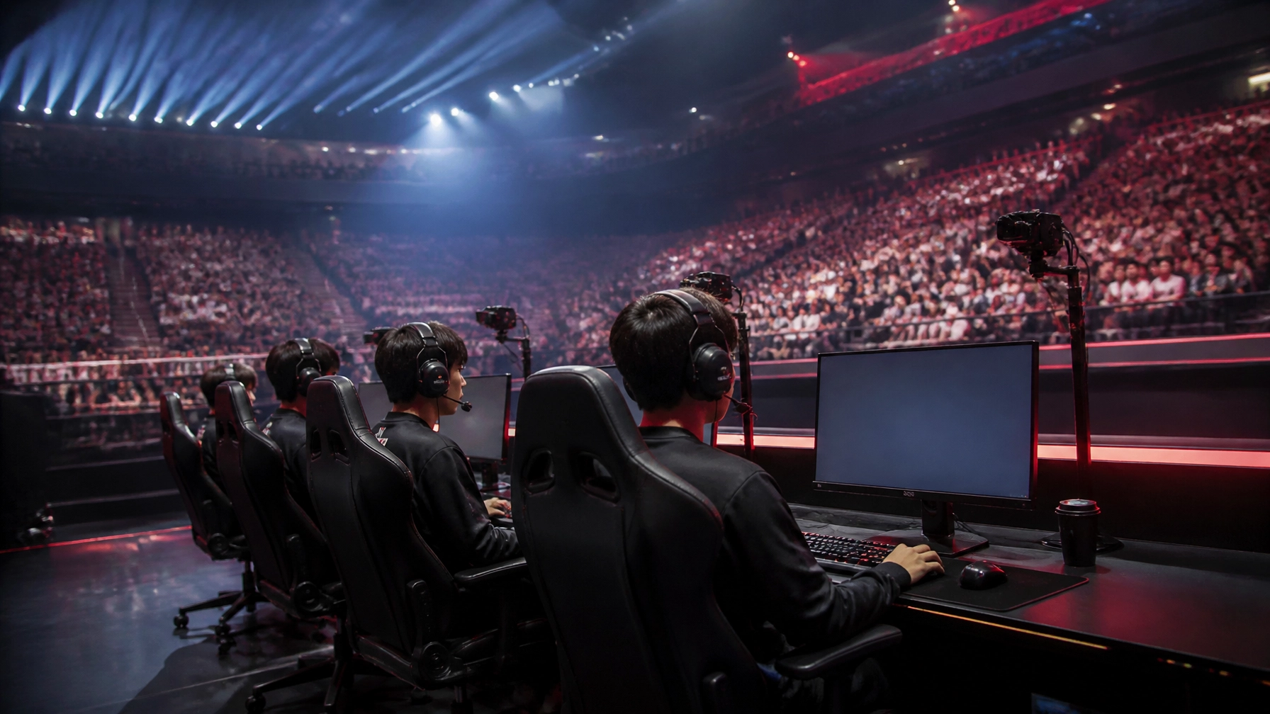 Professionelle League-of-Legends-Playoff-Arena mit Spielern auf der Bühne