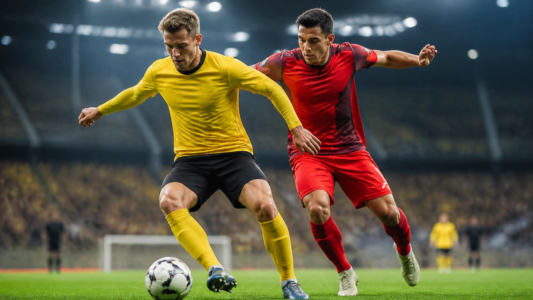 Ungebrandete Fußballszene mit gelbem Heimteam unter Flutlicht