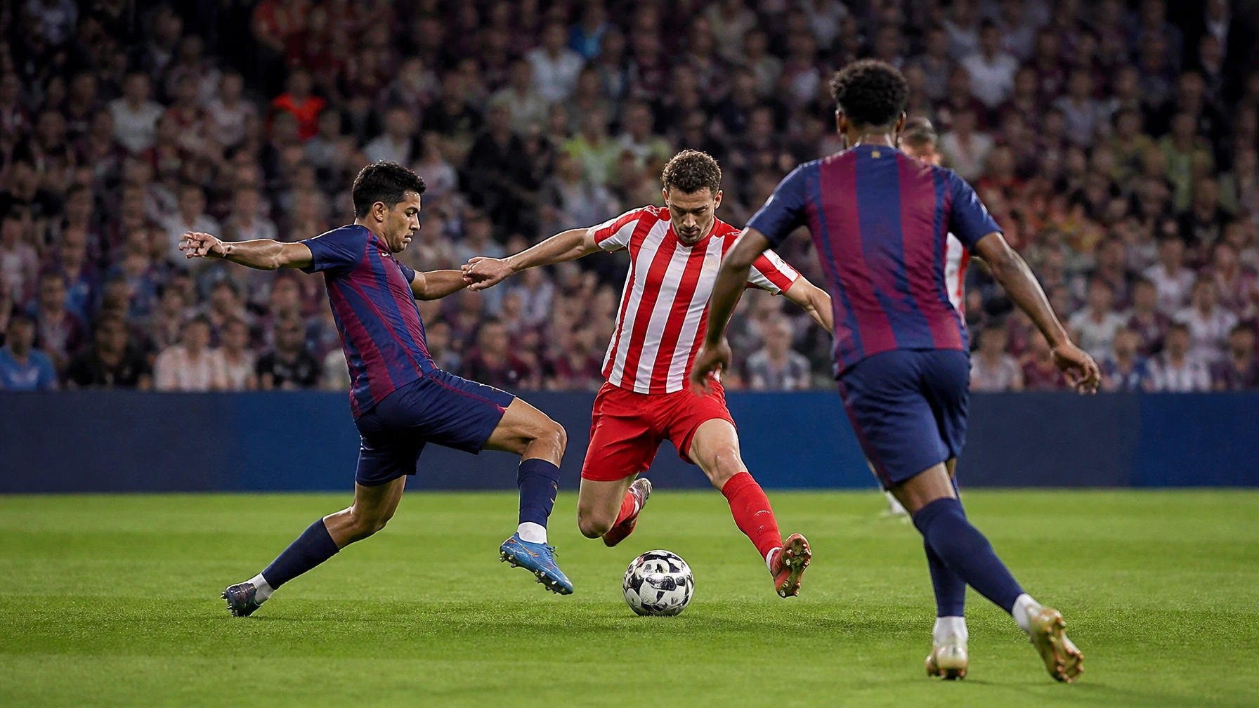 Anonyme Spieler in einer realistischen Champions-League-Szene im Camp Nou