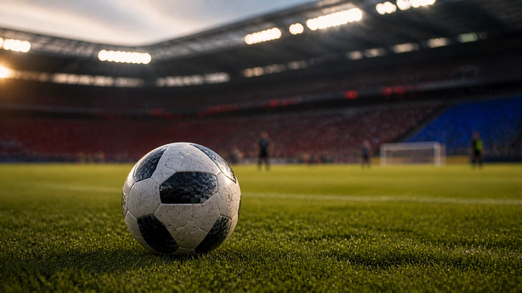 Fußball auf dem Rasen eines deutschen Stadions vor dem Anpfiff