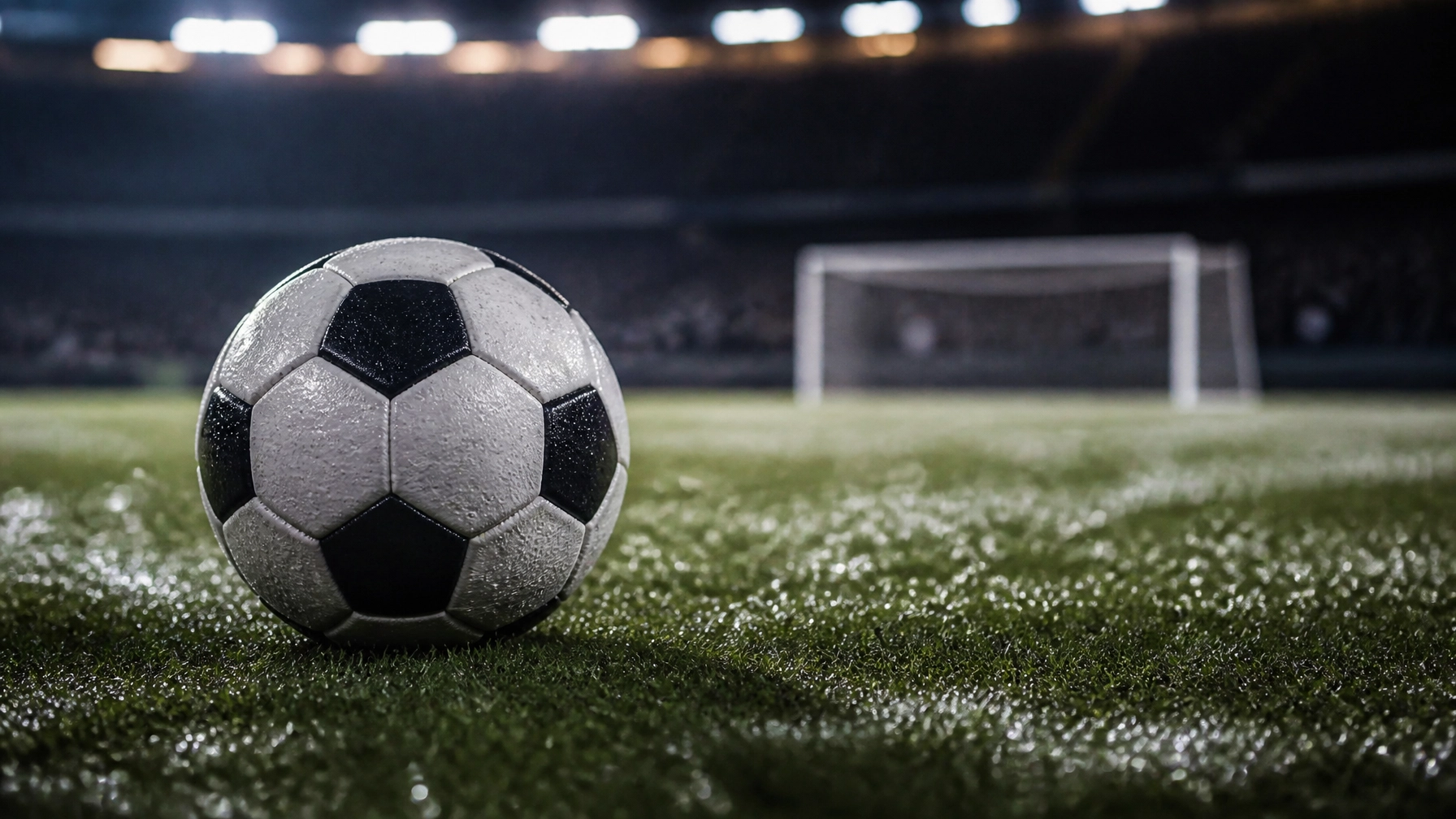 Fußball im Flutlicht auf nassem Rasen als Symbol für die datenbasierte Toranalyse