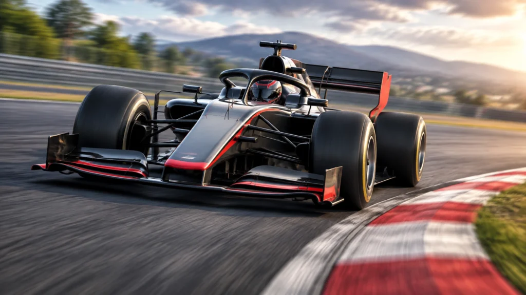 Illustration eines Formel-Rennwagens mit Fahrer in einer Kurve
