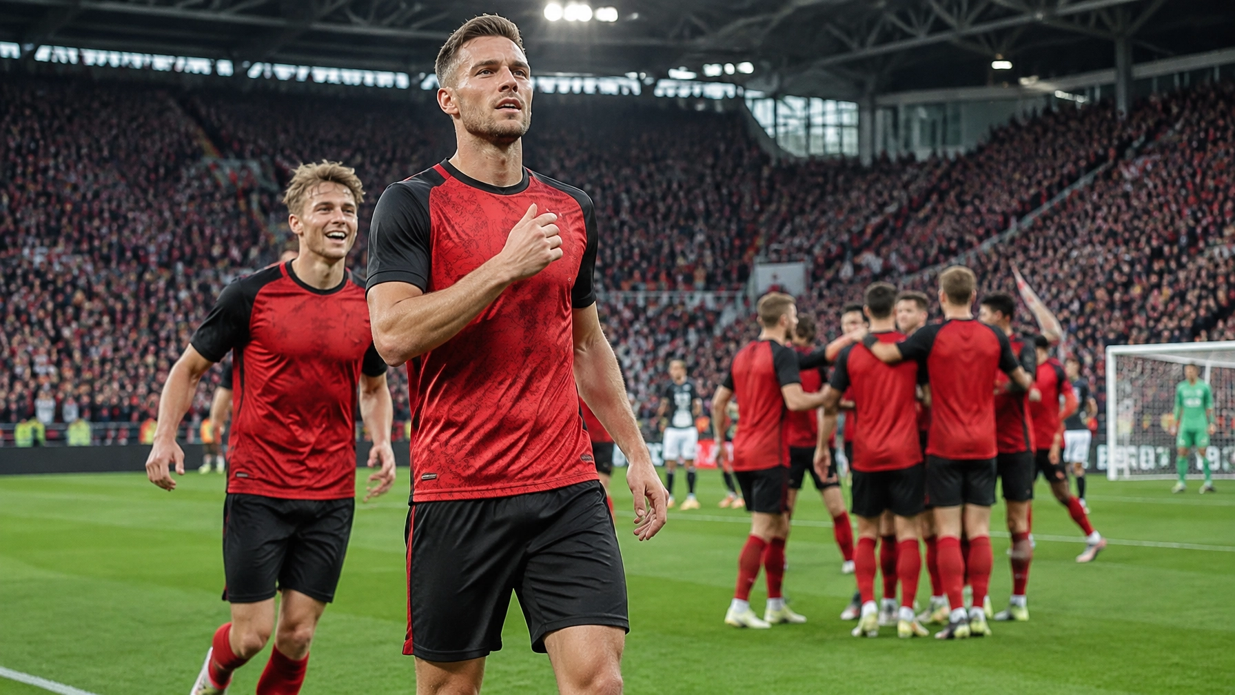 Freiburger Mannschaft in einer realistischen Stadionatmosphäre nach einem deutlichen Heimsieg