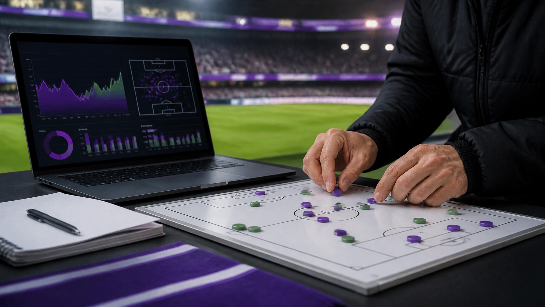 Neutrale taktische Fußballanalyse mit Spielfeld und Datenbildschirm – redaktionelle Spielanalyse