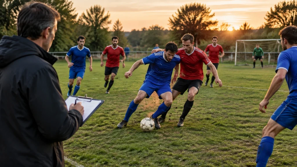 Erwachsene Fußballspieler im Zweikampf auf einem Vereinsplatz, am Spielfeldrand ein Mann mit Klemmbrett