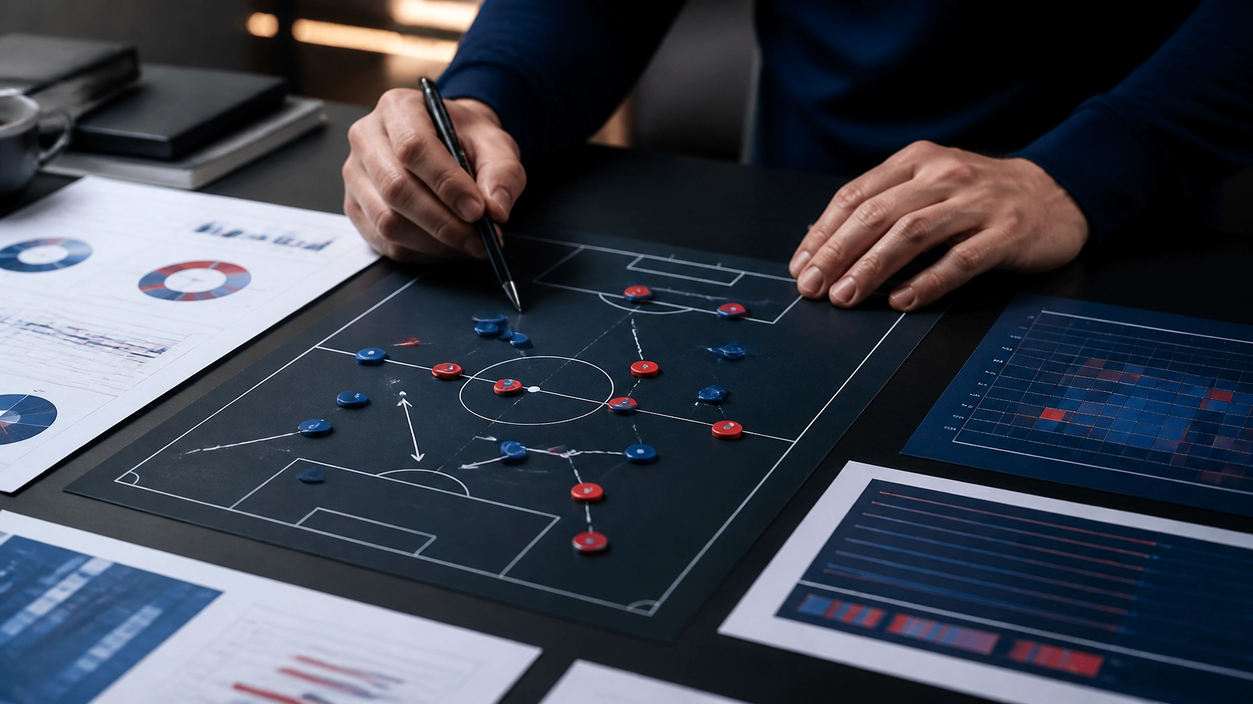 Analystische Fußballszene mit Taktiktafel und Statistikunterlagen