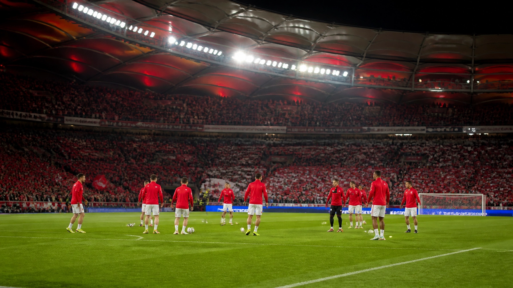 Europäische Nachtspiel-Atmosphäre in Stuttgart ohne Logos und Text