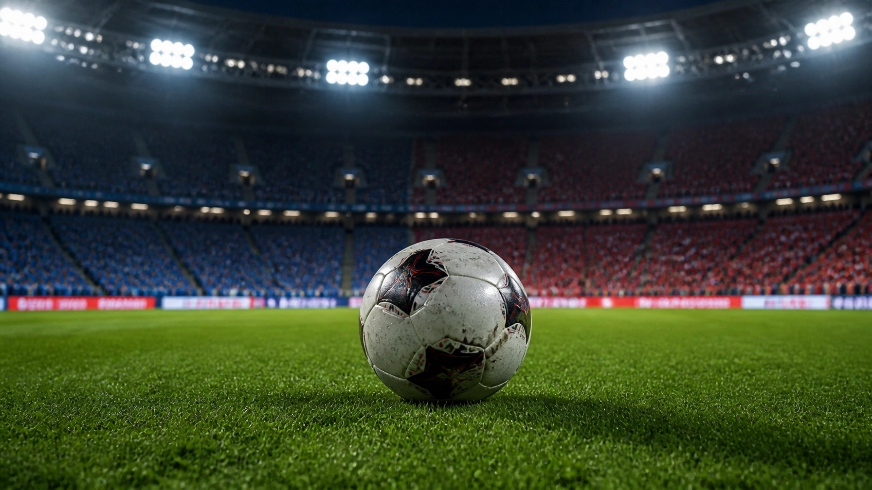 Fußball auf dem Rasen unter Flutlicht mit unscharfer blau-roter Stadionkulisse