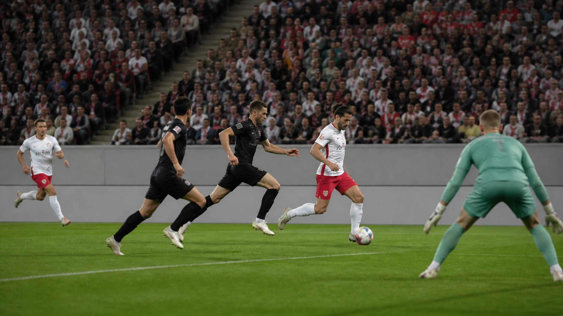 RB Leipzig mit intensivem Angriff im Stadion – realistische Fußballfotografie ohne Logos