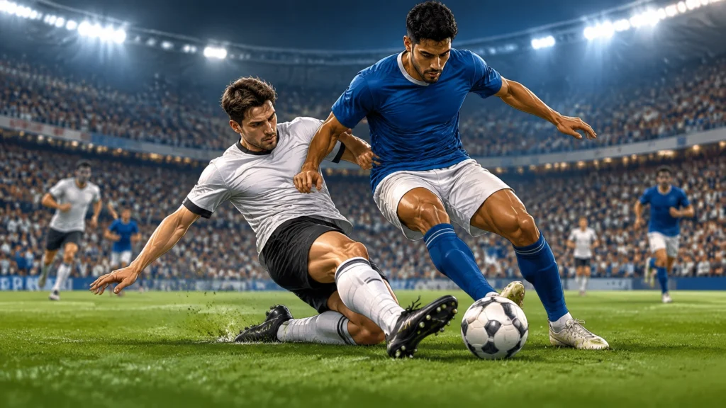 Zwei Fußballspieler im Zweikampf um den Ball auf dem Rasen eines beleuchteten Stadions.