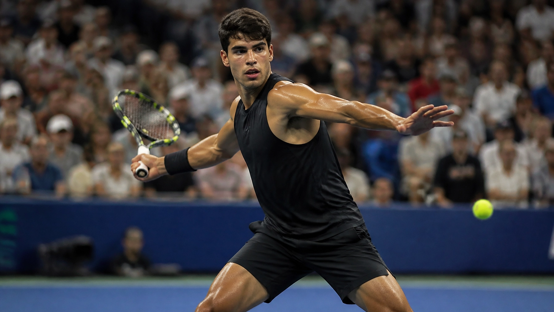 Tennisprofi während eines intensiven Abendmatches auf einem beleuchteten Hartplatz