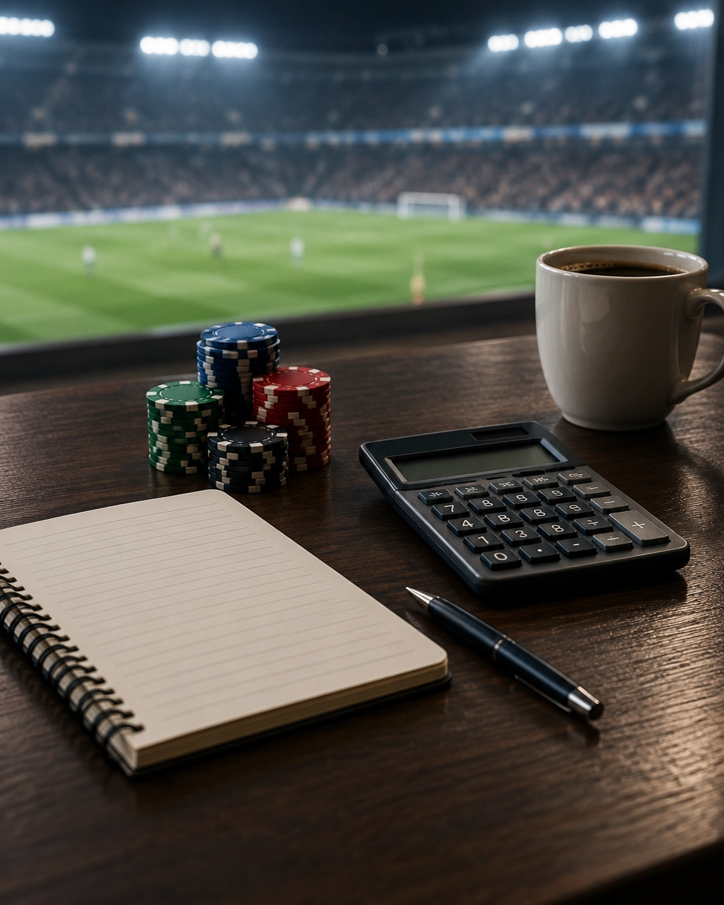 Neutrales Stillleben zu Einsatzplanung und Bankroll-Management mit Fußballbezug
