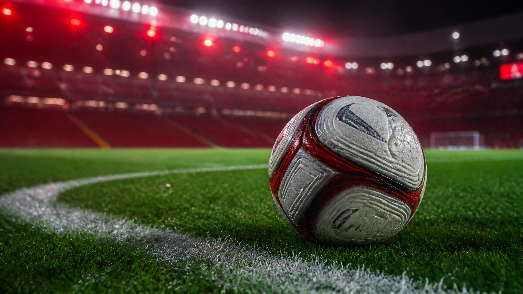 Fußball auf nassem Rasen unter Flutlicht in einem europäischen Stadion