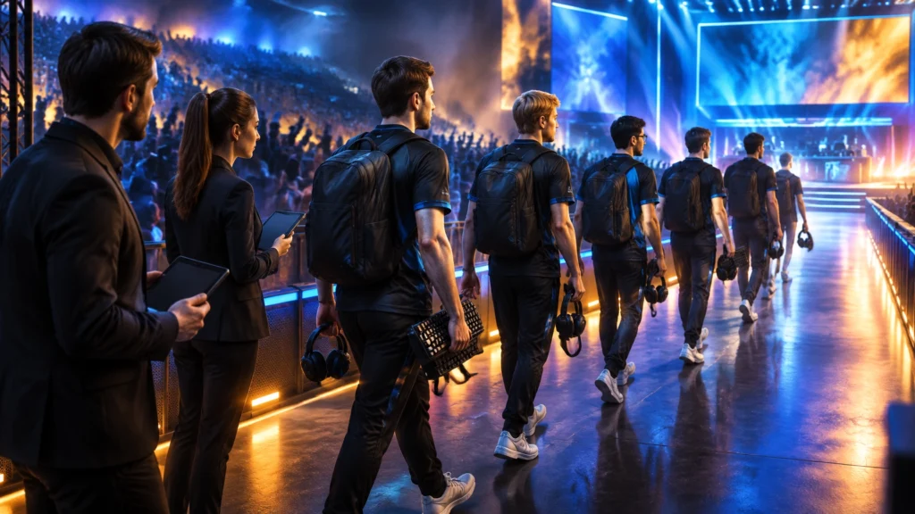 Illustration: Erwachsene E-Sport-Teilnehmer gehen mit Tastaturen und Headsets zur Bühne