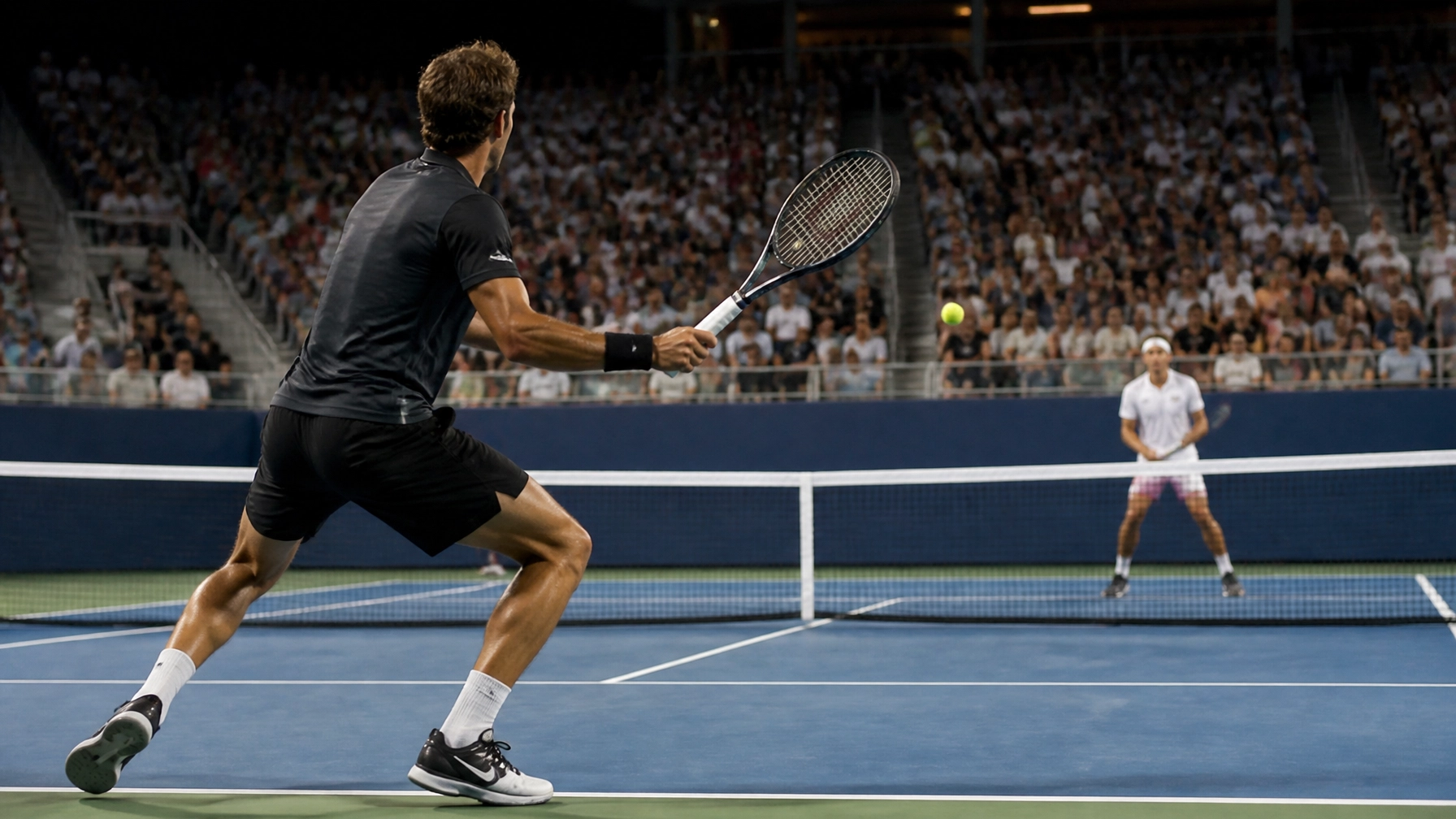 Tennisspieler bei einer intensiven Night Session auf Hartplatz