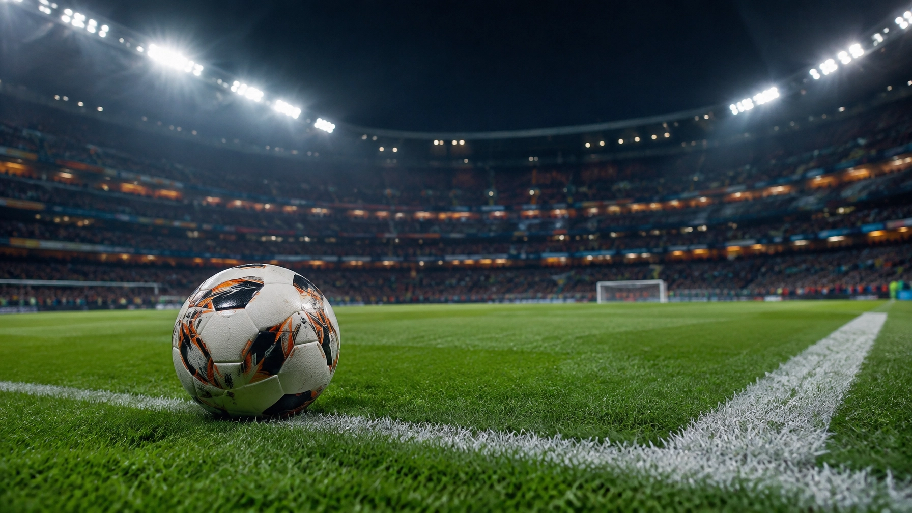 Fußball nahe dem Strafraum unter Flutlicht vor einer unscharfen Stadionkulisse