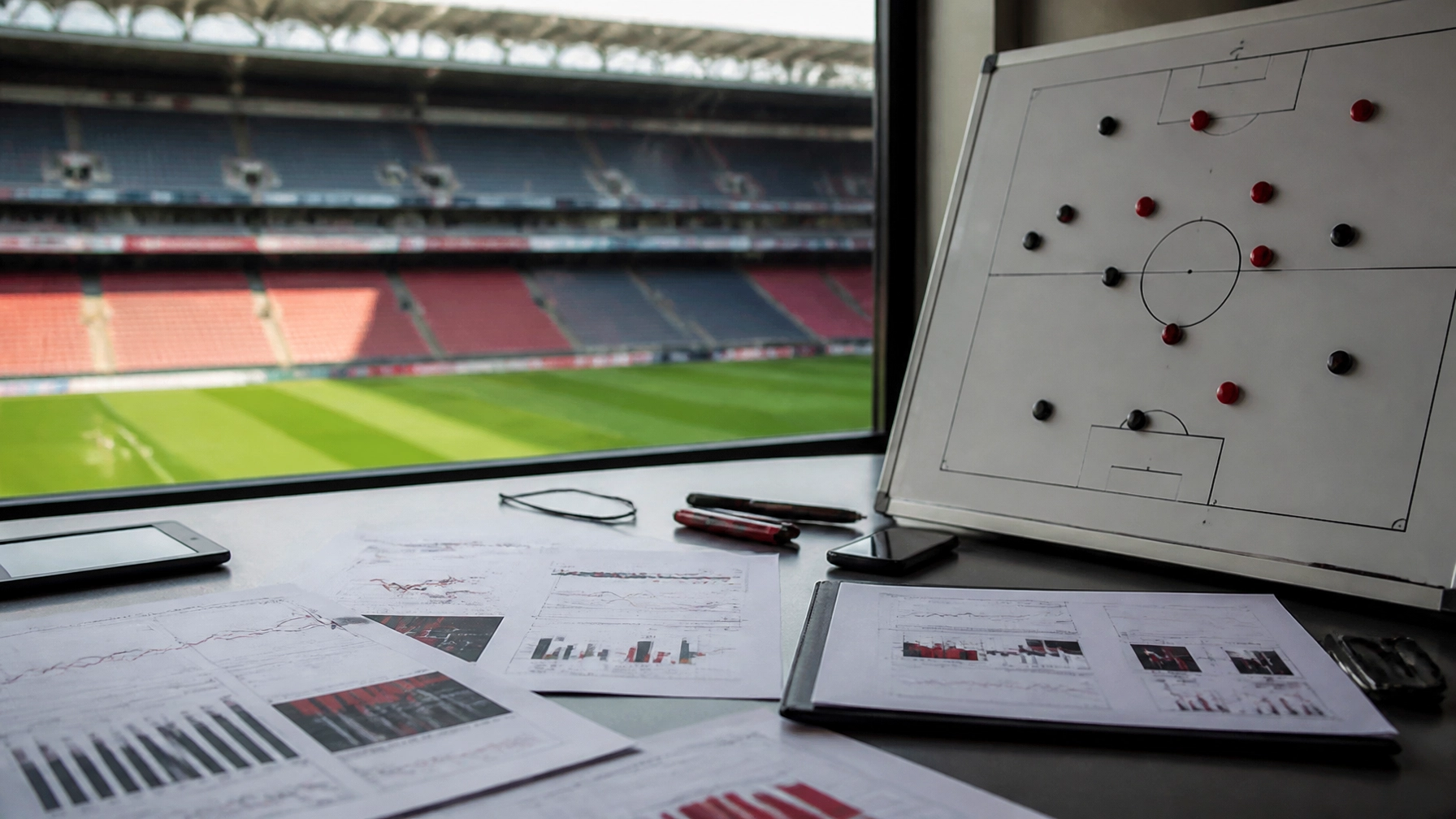 Fußballplatz und Analyseunterlagen vor dem Serie-A-Spiel