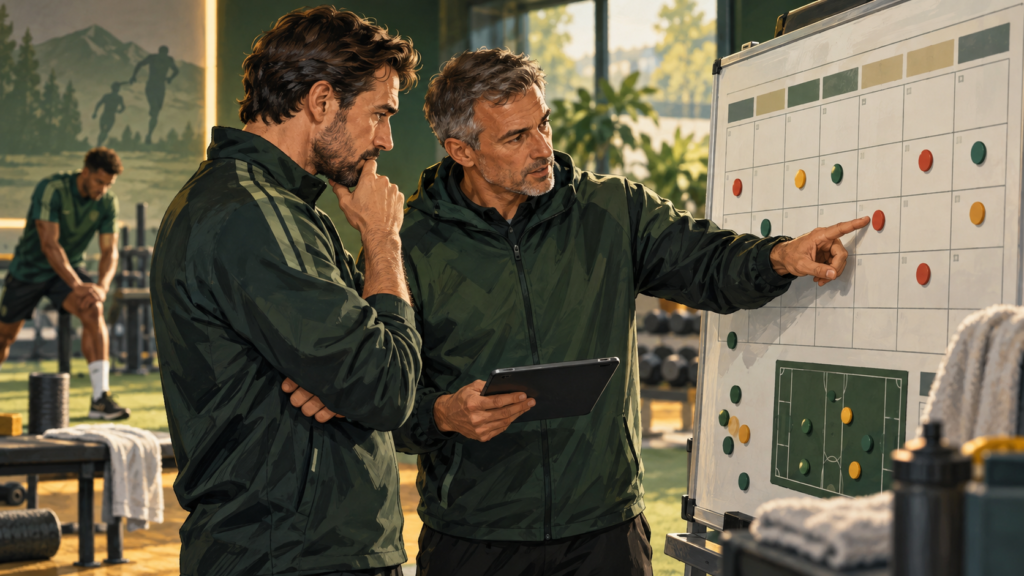 Illustration: Zwei Trainer besprechen Spieltermine an einer Plantafel, während ein Fußballspieler im Hintergrund dehnt.