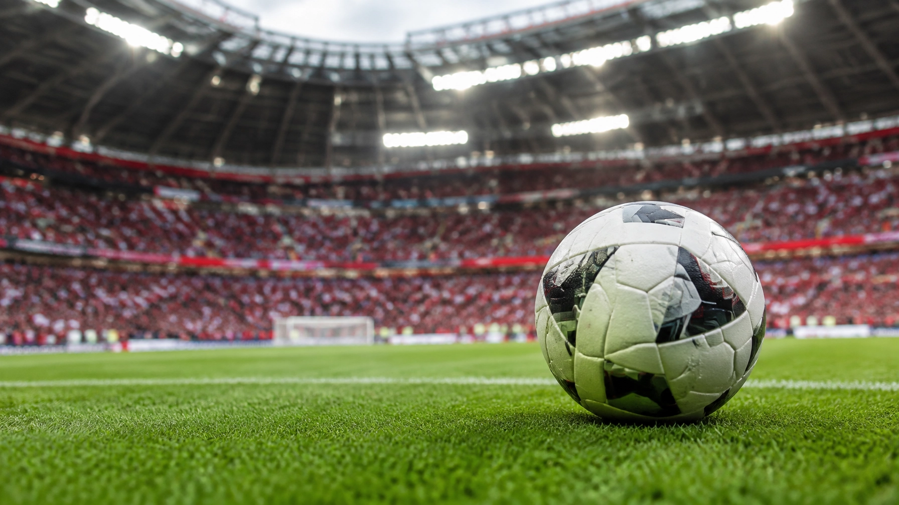 Fußball auf dem Rasen unter Flutlicht mit unscharfer Stadionkulisse