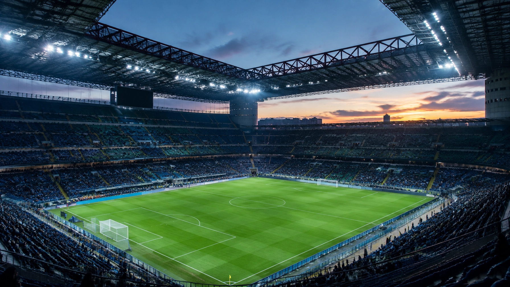 Fotorealistische Abendperspektive im Giuseppe-Meazza-Stadion ohne Logos oder Beschriftungen