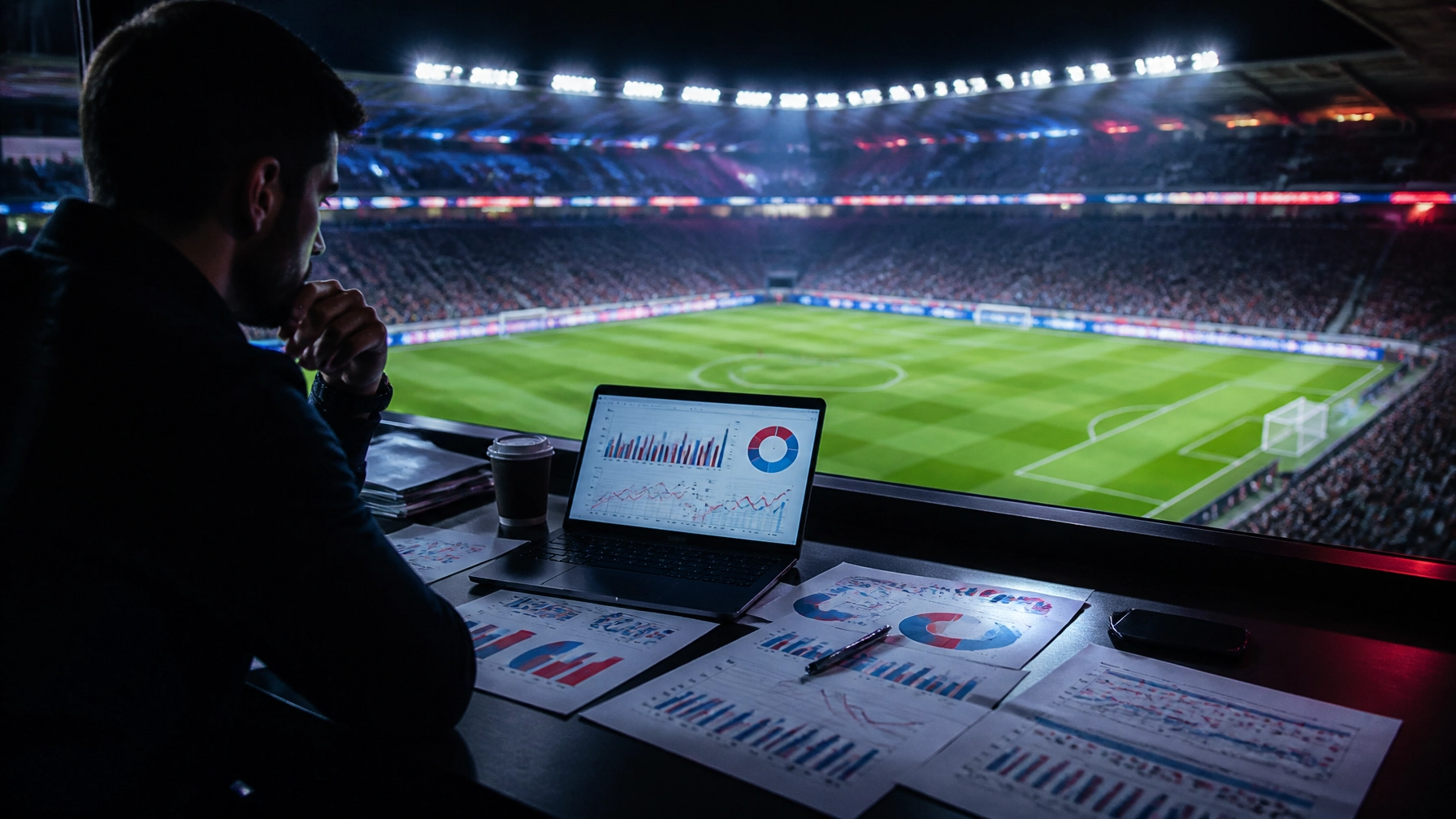 Professionelle Fußballanalyse mit neutralen Statistikunterlagen und Stadionblick