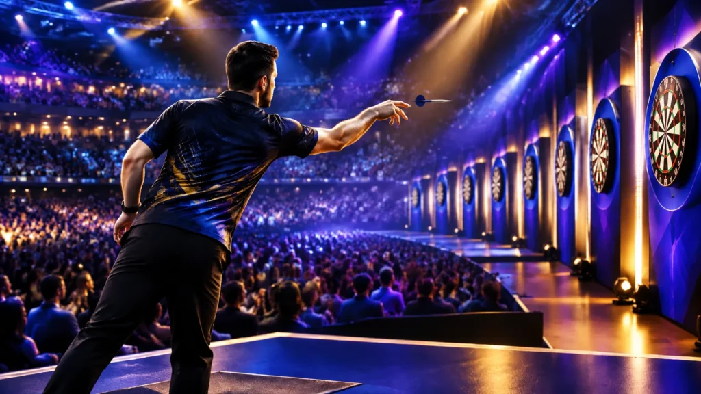 Illustration: Darts-Spieler beim Wurf vor beleuchteten Scheiben und Publikum