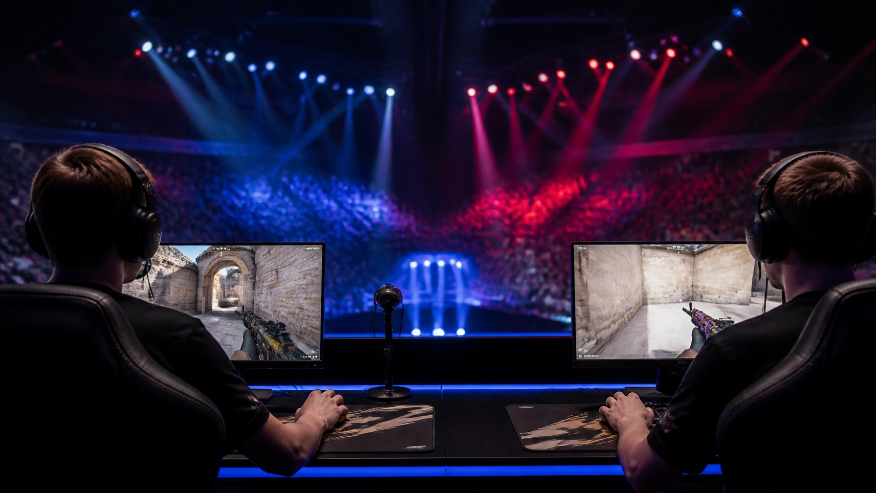 Photorealistische CS2-Turnierbühne mit Spielern an Gaming-PCs in einer dunklen Arena