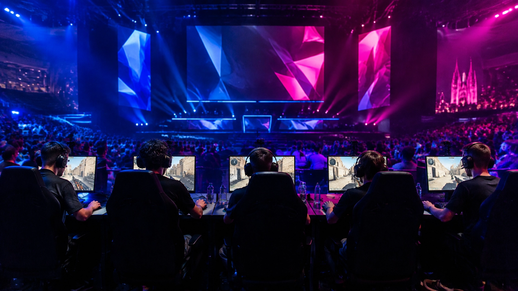 Professionelle CS2-LAN-Arena mit Spielern und farbiger Bühnenbeleuchtung